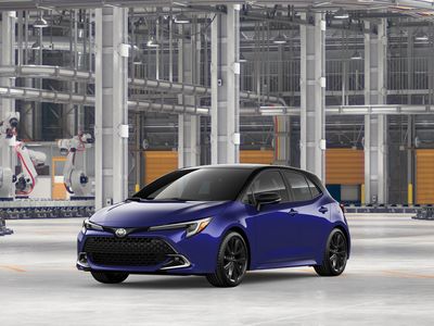 2026 Toyota Corolla Hatchback XSE in Blue Crush Metallic with Midnight Black Metallic roof 1 — front three-quarter view