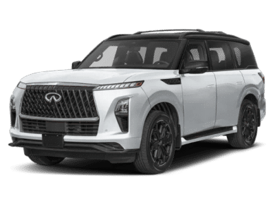 2026 INFINITI QX80 SPORT in Radiant White/Black Obsidian — front three-quarter view