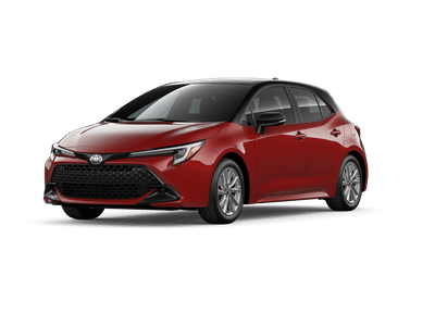 2026 Toyota Corolla Hatchback SE in Finish Line Red with Midnight Black Metallic roof 1 — front three-quarter view