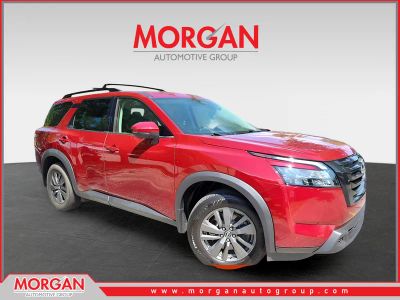 2023 Nissan Pathfinder SV in Red — front three-quarter view