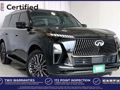 2025 INFINITI QX80 in Mineral Black Graphite Shadow — front three-quarter view
