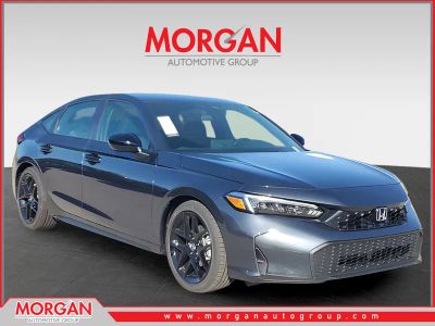 2026 Honda Civic Hatchback Sport in Meteorite Gray Metallic — front three-quarter view