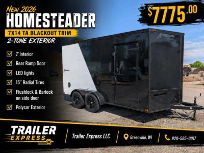2026 Homesteader 7x14 TA, 7' Interior, Polycore sides, Blackout Edition, Ramp — front three-quarter view