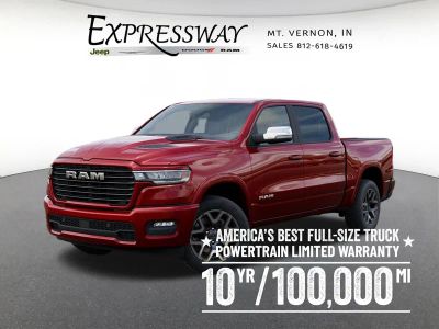 2026 RAM 1500 Laramie 4x4 Crew Cab 5'7 Box in Molten Red Pearl-Coat Exterior Paint — front three-quarter view