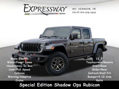 2026 Jeep Gladiator Shadow Ops in Granite Crystal Metallic Clear-Coat Exterior Paint — front three-quarter view