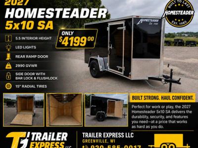 2027 Homesteader 5x10 SA, 5.5 Interior Height, Rear Ramp, Side Door — front three-quarter view