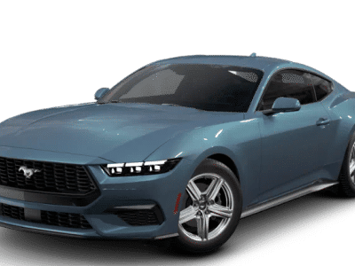 2026 Ford Mustang EcoBoost in Vapor Blue Metallic — front three-quarter view