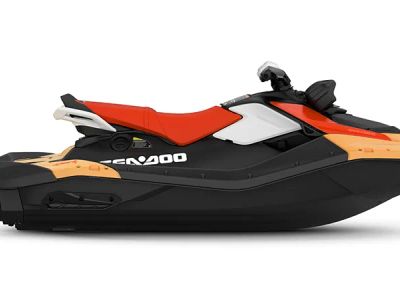 2026 Sea-Doo Spark for 3 90 hp + Convenience package with iBR and Audio in option in Sunrise Orange / Dragon Red — front three-quarter view