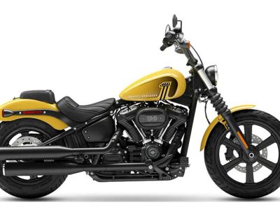 2023 Harley-Davidson Street Bob 114 FXBBS in Industrial Yellow — front three-quarter view