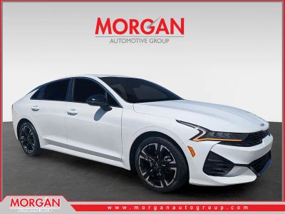 2022 Kia K5 GT-Line in Glacial White Pearl — front three-quarter view