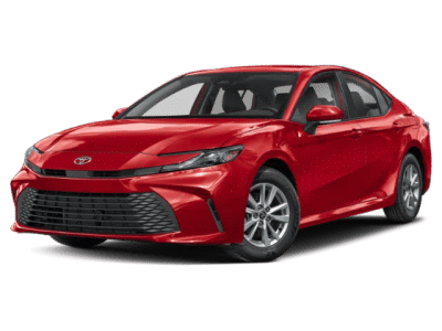 2026 Toyota Camry LE in Red — front three-quarter view