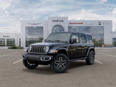 2026 Jeep Wrangler WRANGLER 4-DOOR SAHARA in Black Clear-Coat Exterior Paint — front three-quarter view