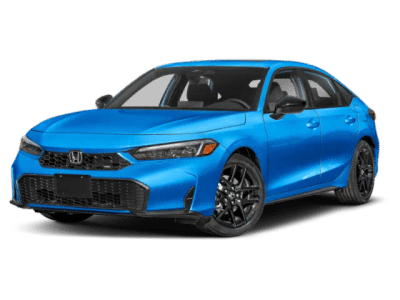 2026 Honda Civic Hatchback Hybrid Sport in Boost Blue Pearl — front three-quarter view