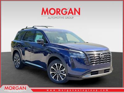 2026 Nissan Pathfinder Platinum in Blue — front three-quarter view