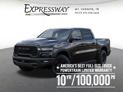 2026 RAM 1500 Rebel 4x4 Crew Cab 5'7 Box in Diamond Black Crystal Pearl-Coat Exterior Paint — front three-quarter view