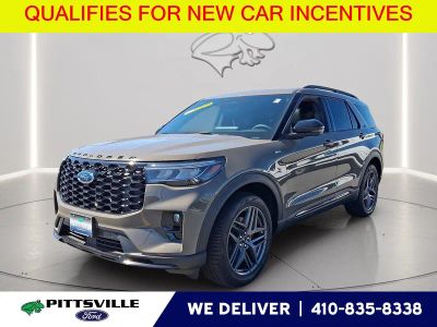 2026 Ford Explorer ST-Line in Marsh Gray — front three-quarter view