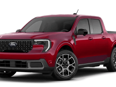 2026 Ford Maverick Lariat in Ruby Red Metallic Tinted Clearcoat — front three-quarter view