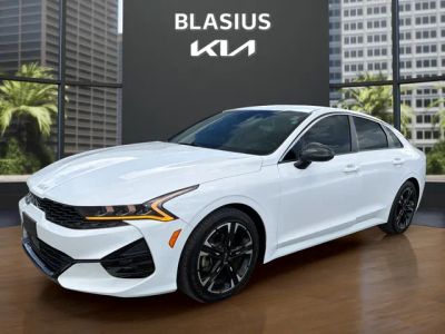 2023 Kia K5 GT-Line in Glacial White Pearl — front three-quarter view