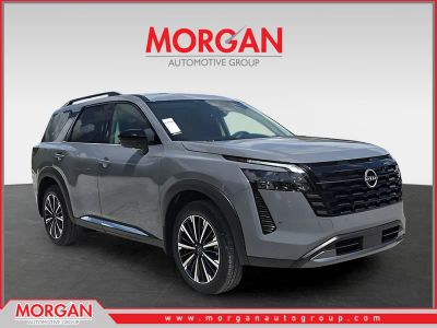 2026 Nissan Pathfinder Platinum in Gray — front three-quarter view