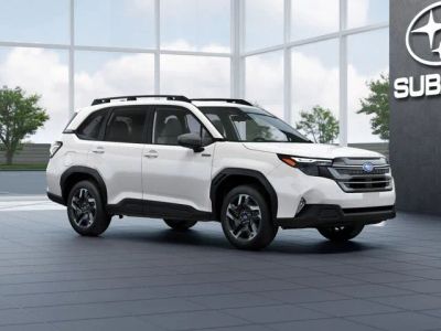 2026 Subaru FORESTER Premium Hybrid in Crystal White Pearl — front three-quarter view