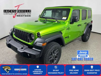 2026 Jeep Wrangler Sport S in Mojito Clear-Coat Exterior Paint — front three-quarter view