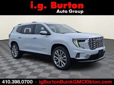 2026 GMC Acadia Denali in Glacier White Tricoat — front three-quarter view