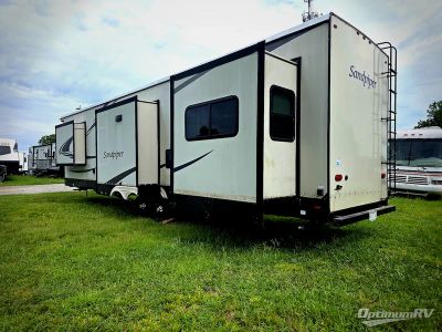 2021 Forest River Sandpiper Destination — rear three-quarter view