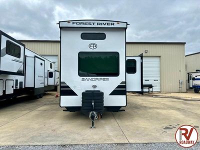 2025 Forest River RV Sandpiper Destination Trailers in White — front three-quarter view