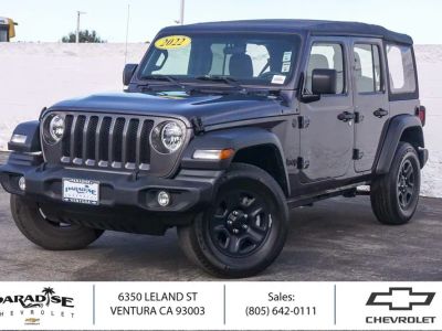 2022 Jeep Wrangler Unlimited Sport in Granite Crystal M — front three-quarter view