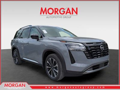2026 Nissan Pathfinder Platinum in Gray — front three-quarter view