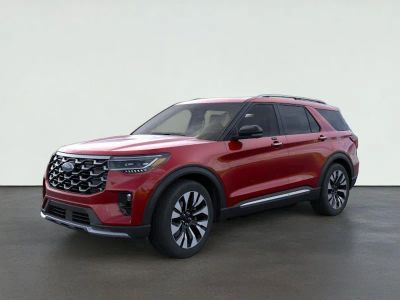 2026 Ford Explorer Platinum in Rapid Red Metallic Tinted Clearcoat — front three-quarter view
