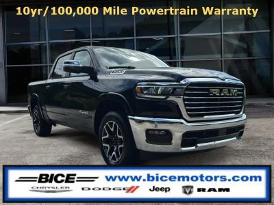 2026 RAM Ram 1500 Laramie Crew Cab 4x4 in Diamond Black Crystal Pearl-Coat Exterior Paint — front three-quarter view