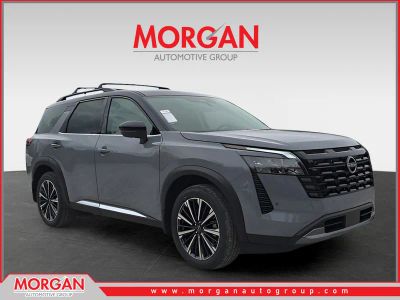 2026 Nissan Pathfinder Platinum in Gray — front three-quarter view
