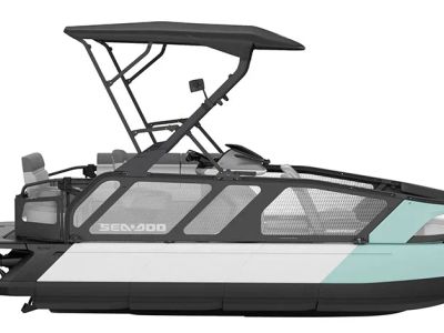 2026 Sea-Doo Switch Sport 18 - 300 hp - Tech Package in Neo Mint / Galvanized Trailer — front three-quarter view