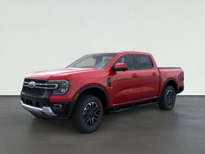 2026 Ford Ranger LARIAT in Ruby Red Metallic Tinted Clearcoat — front three-quarter view