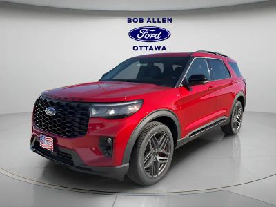2026 Ford Explorer ST-Line in Rapid Red Metallic Tinted Clearcoat — front three-quarter view