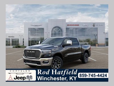 2026 RAM Ram 1500 RAM 1500 LARAMIE CREW CAB 4X4 5'7' BOX in Diamond Black Crystal Pearl-Coat Exterior Paint — front three-quarter view