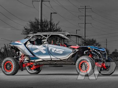 2026 Can-Am Maverick R Max X RS Dusty Navy — front three-quarter view