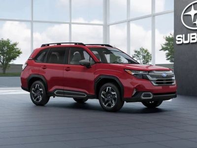 2026 Subaru FORESTER Limited in Crimson Red Pearl — front three-quarter view