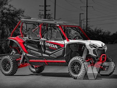 2025 Honda Talon 1000R-4 FOX Live Valve SXS10S4RD in Matte Navy Blue, Pearl Red — front three-quarter view