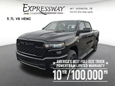 2026 RAM 1500 Express 4x4 Crew Cab 5'7 Box in Diamond Black Crystal Pearl-Coat Exterior Paint — front three-quarter view