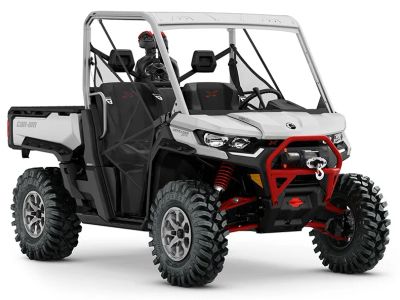 2025 Can-Am Defender X MR in Hyper Silver / Legion Red — front three-quarter view