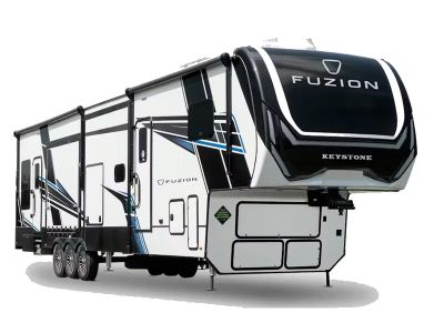2026 Keystone RV Fuzion in BLACK METALLIC — front three-quarter view