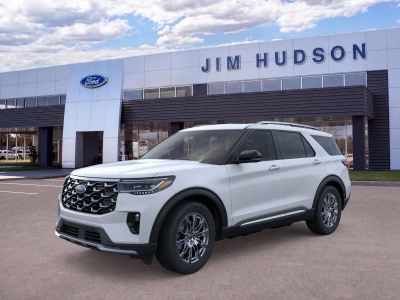 2026 Ford Explorer Platinum in White Metallic — front three-quarter view