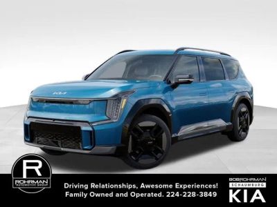 2026 Kia EV9 GT-Line in Ocean Blue — front three-quarter view