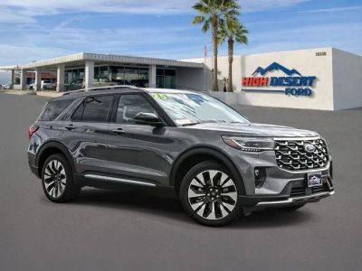 2025 Ford Explorer Platinum in Gray Metallic — front three-quarter view