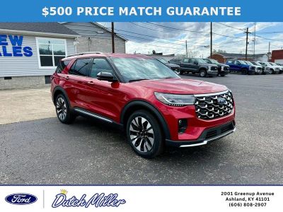 2026 Ford Explorer Platinum in Rapid Red Metallic Tinted Clearcoat — front three-quarter view