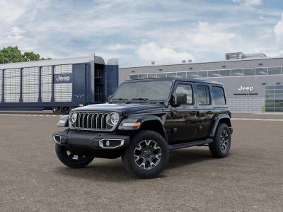 2026 Jeep Wrangler Sahara in Black Clearcoat — front three-quarter view