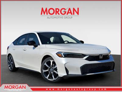 2026 Honda Civic Hatchback Hybrid Sport Touring in Platinum White Pearl — front three-quarter view