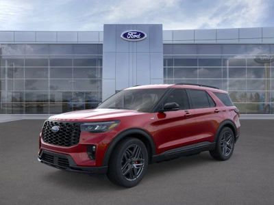 2026 Ford Explorer in Rapid Red Tinted — front three-quarter view